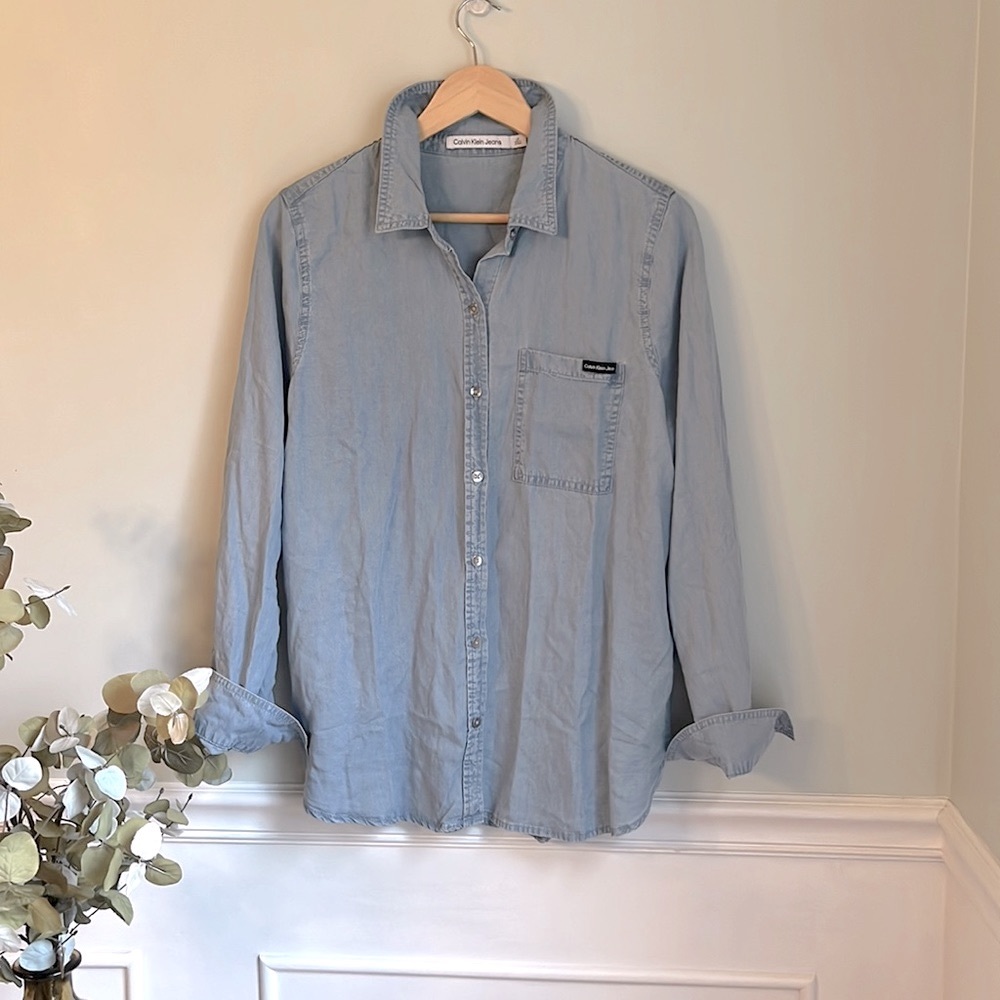 Womens Calvin Klein Chambray Button Long-sleeve Blouse Size L